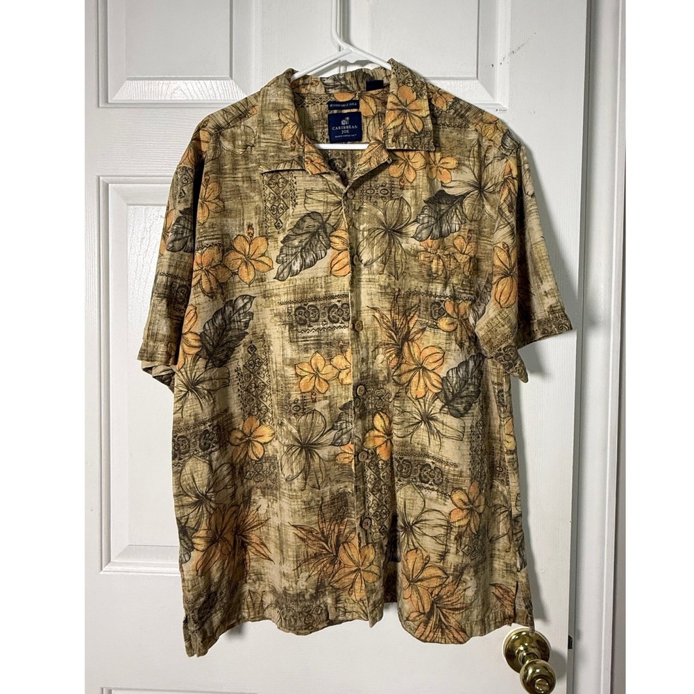 Caribbean Joe Silk Button Down Shirt XL Tropical Hibiscus Floral Camp Cabana Tan